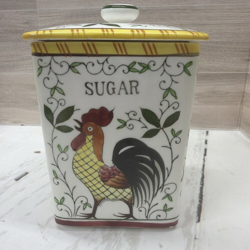 PY UCAGCO Early Provincial Rooster/Roses Sugar Canister Chips On Inside Of Lid